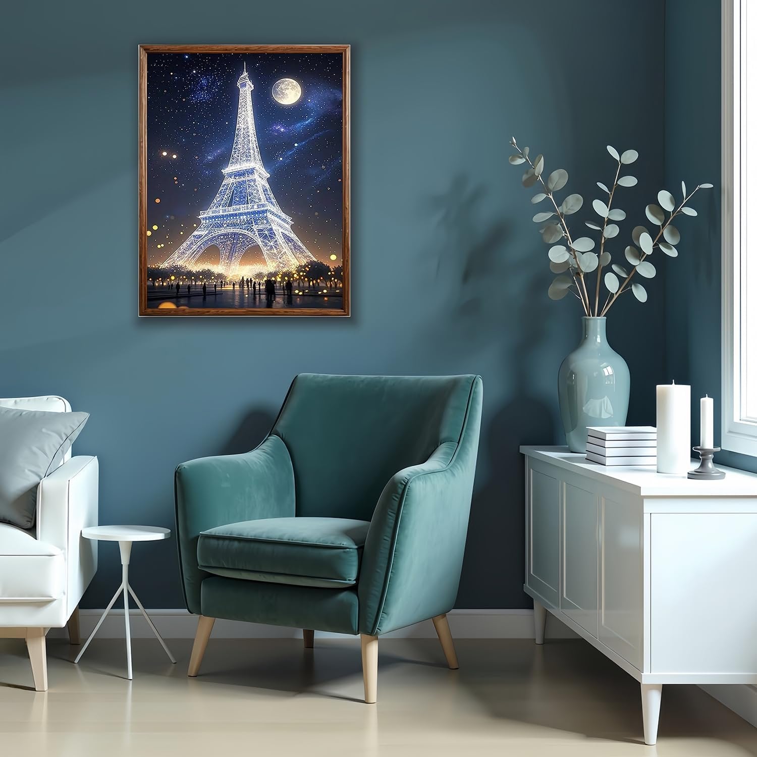 Diamond art painting of the Eiffel Tower at night with a full moon, displayed in a living room setting.