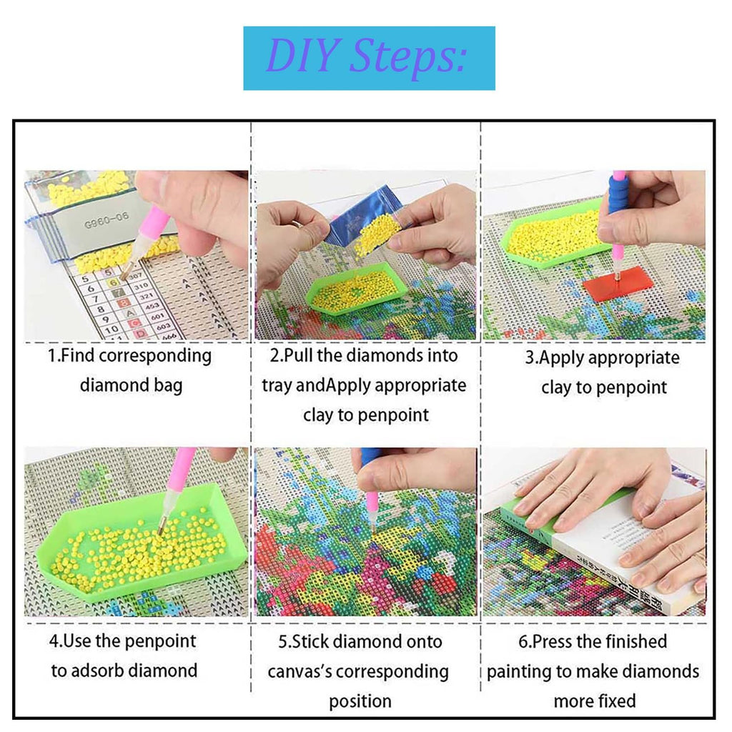 Diamond art kit instructions showing 6 steps: finding diamond bag, filling tray, applying clay, picking diamond, sticking diamond, and pressing finished painting.