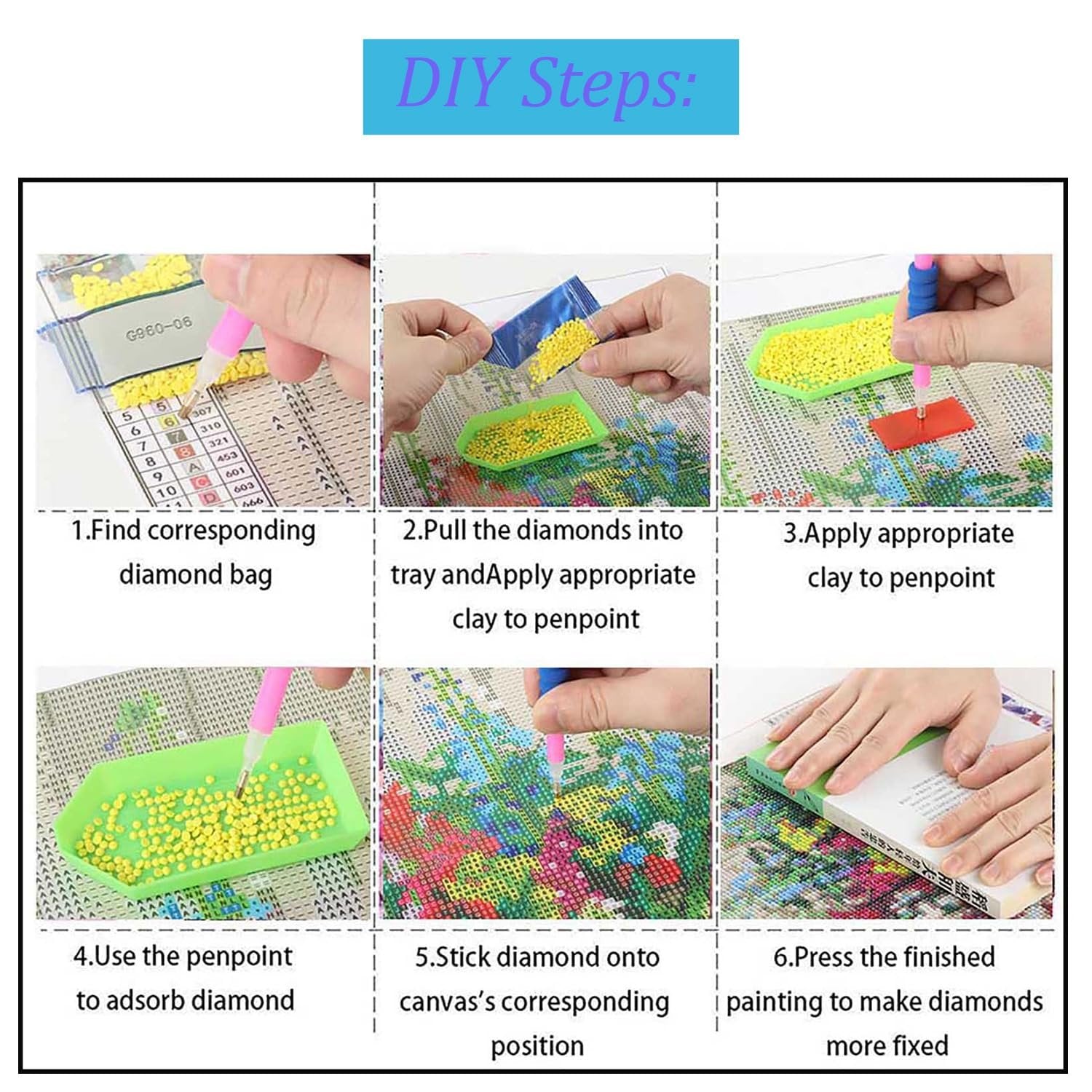 Diamond art kit instructions showing 6 steps: finding diamond bag, filling tray, applying clay, picking diamond, sticking diamond, and pressing finished painting.