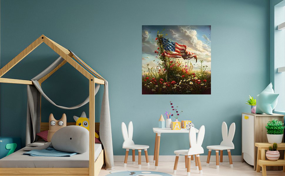 Diamond painting kit of an American flag in a field of flowers under a cloudy sky, displayed in a child's room.