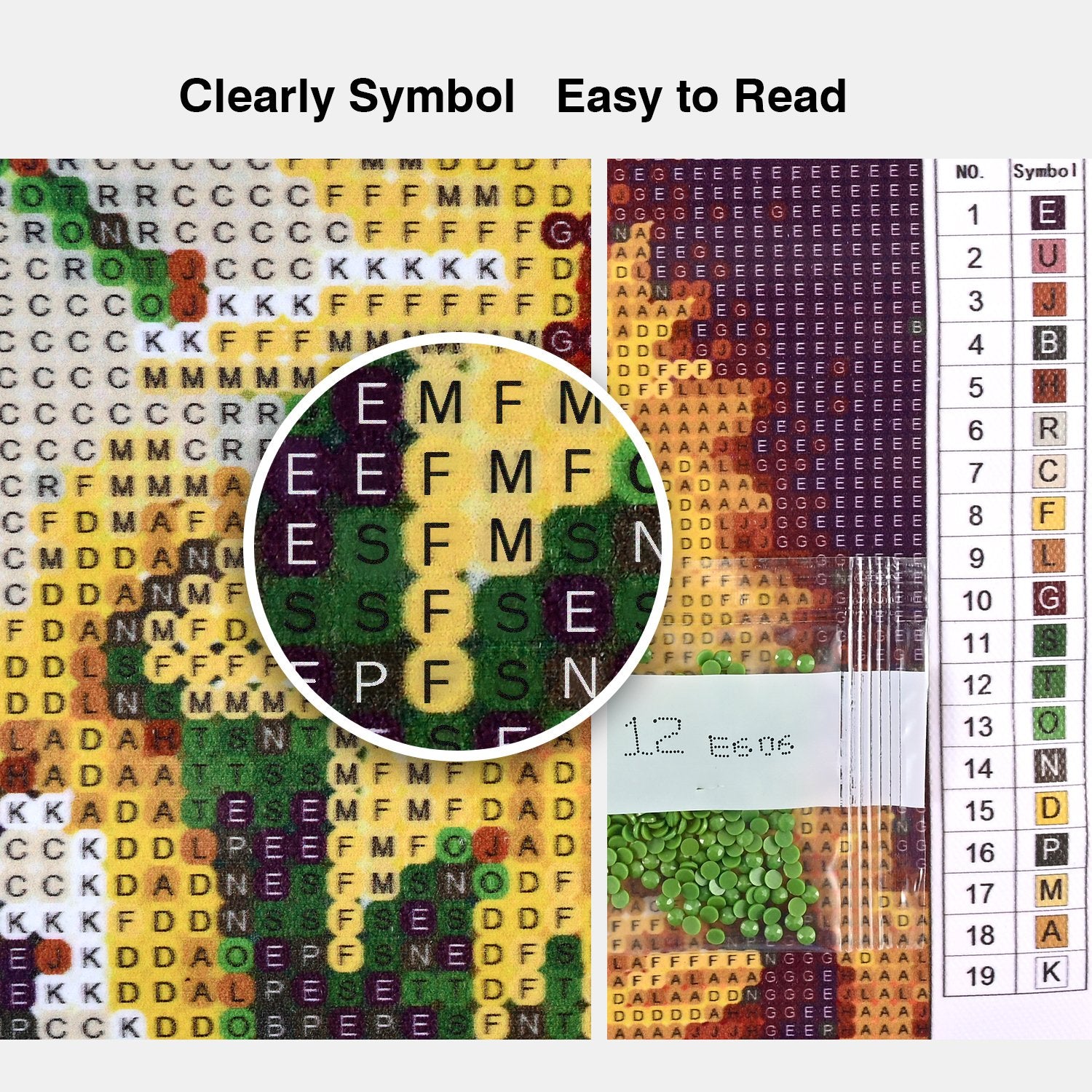 Diamond painting kit canvas with symbols, color chart, and green diamond beads in a bag.