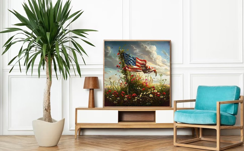 Framed American flag diamond painting kit displayed on a credenza with a plant and chair.