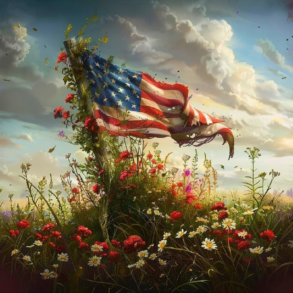 American flag draped over a wooden post in a field of wildflowers under a cloudy sky