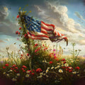 American flag draped over a wooden post in a field of wildflowers under a cloudy sky