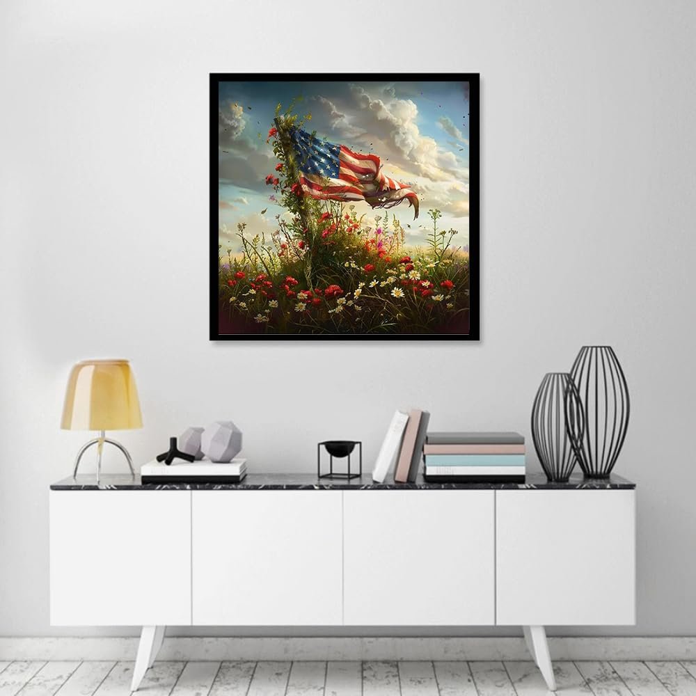 American flag diamond painting kit displayed in a framed artwork on a wall above a credenza.