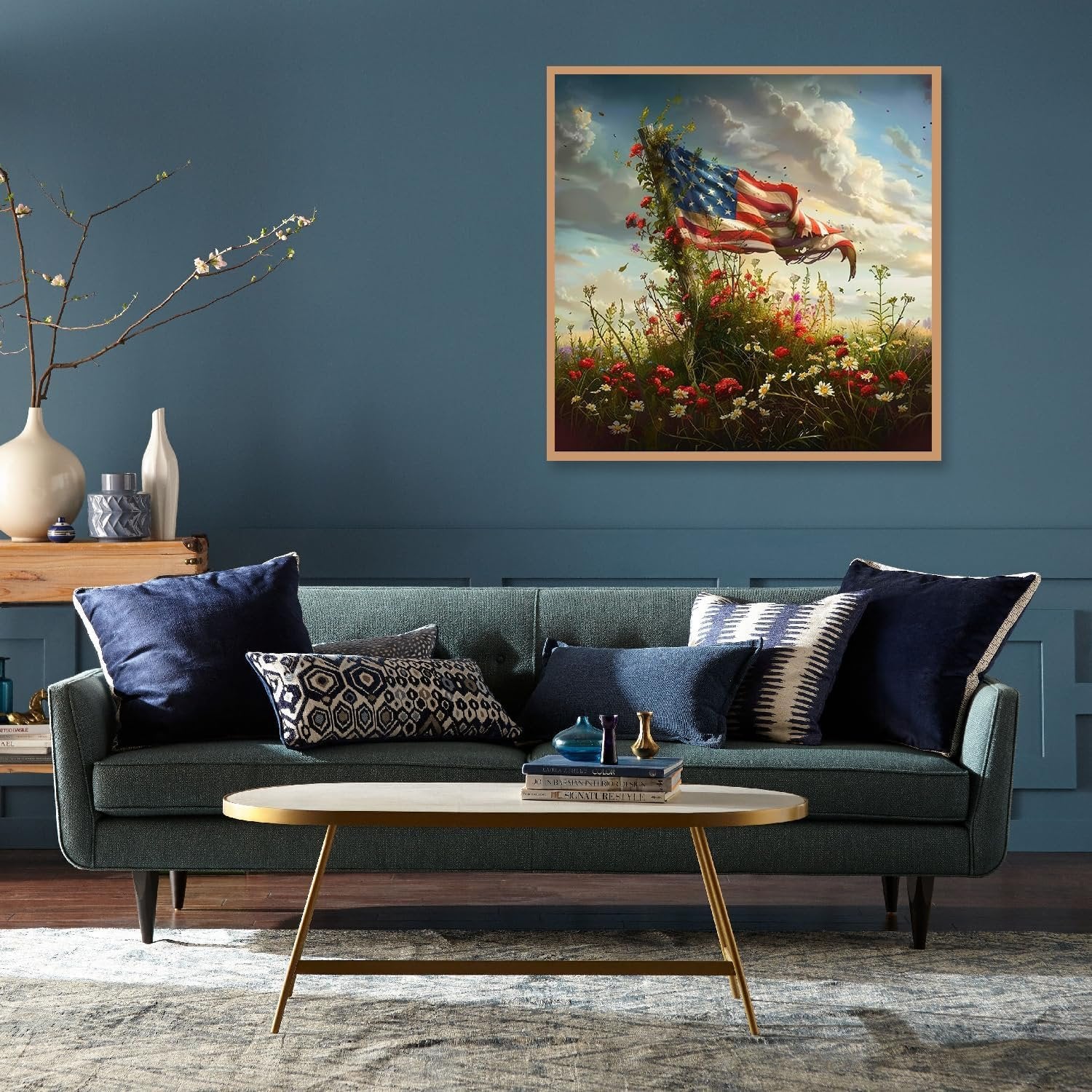 Framed American flag diamond painting kit displayed above a sofa in a living room setting.
