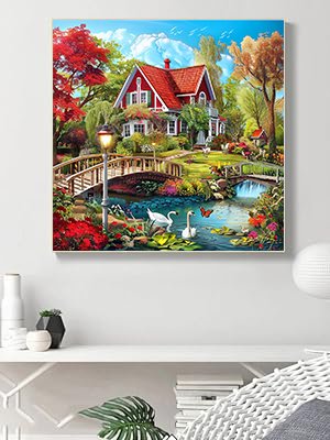 Countryside diamond painting kit featuring a red house, swans, bridges, and lush greenery under a blue sky.