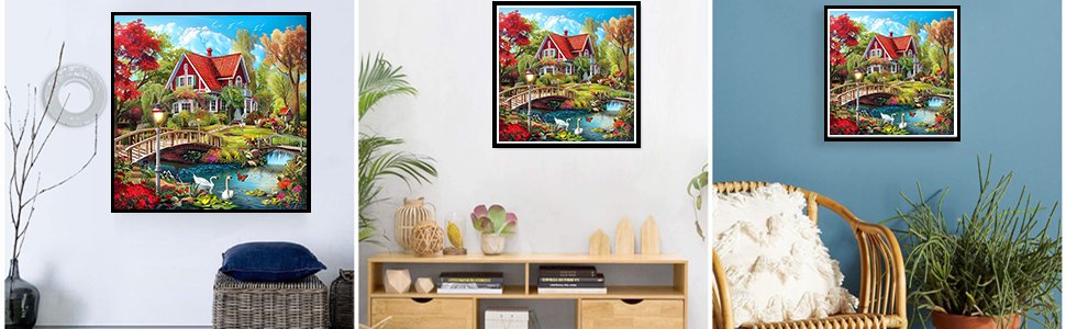 Diamond painting kit of a countryside house with swans and a bridge, displayed in a living room setting.