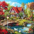 Countryside diamond painting kit featuring a red-roofed house, bridges, swans, and flowers under a blue sky.