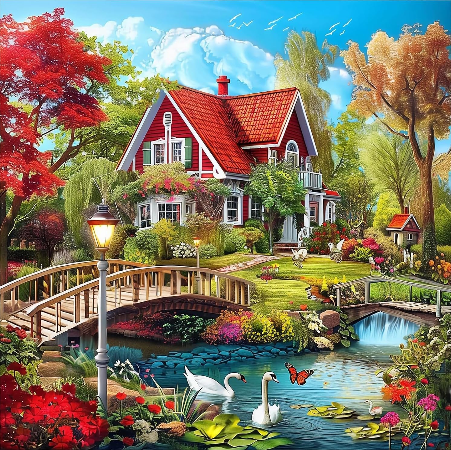 Countryside diamond painting kit featuring a red-roofed house, bridges, swans, and flowers under a blue sky.