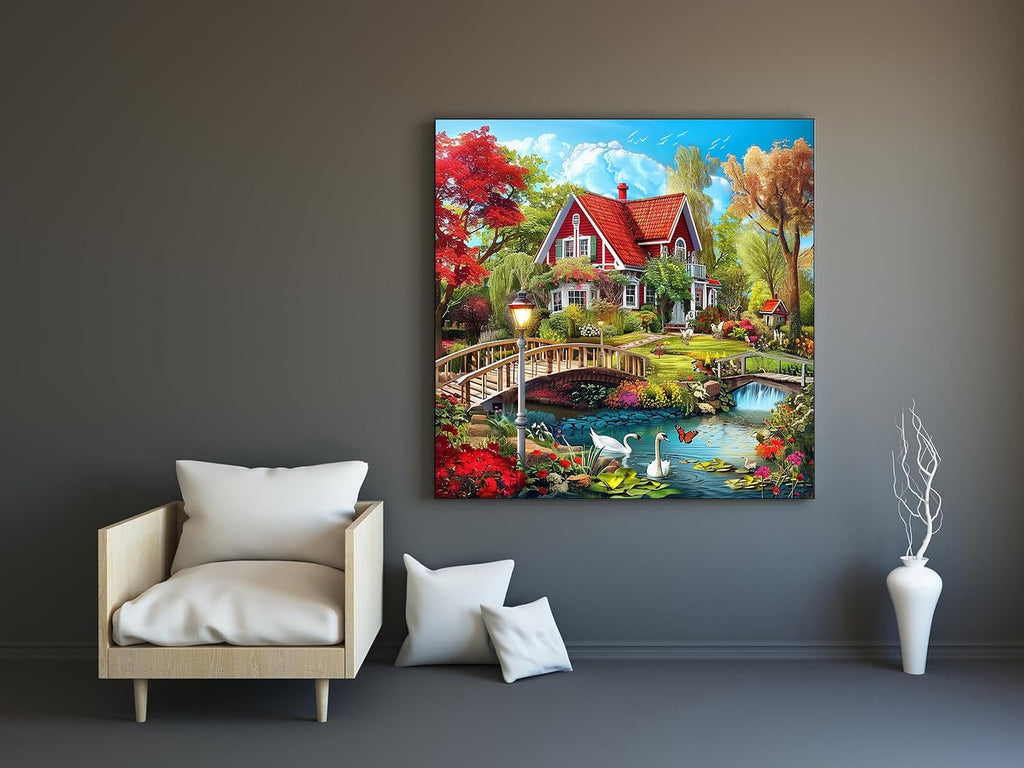 Countryside diamond painting kit showing a red-roofed house, bridge, swans, and flowers in a vibrant landscape.