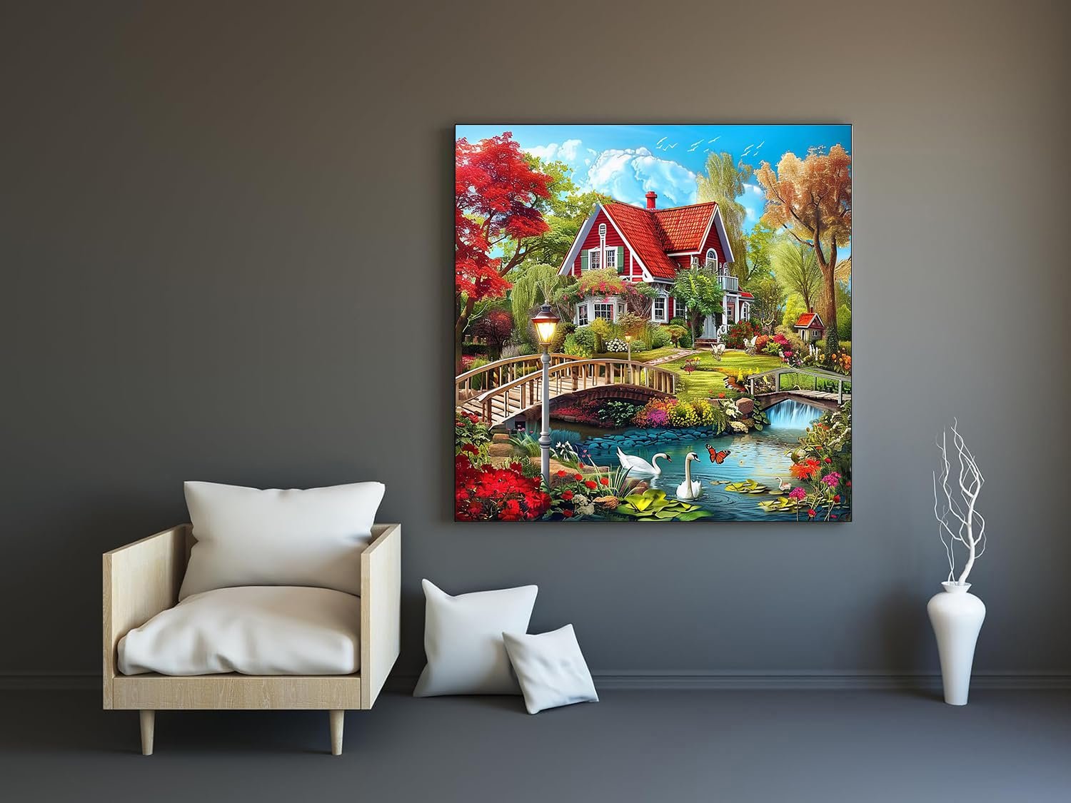 Countryside diamond painting kit showing a red-roofed house, bridge, swans, and flowers in a vibrant landscape.