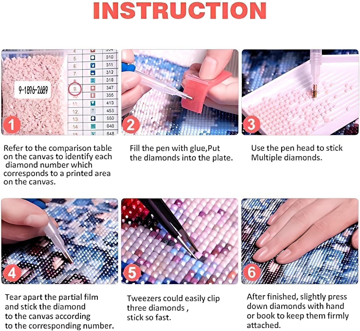 Diamond painting instruction steps showing how to apply diamonds to canvas using tools and a comparison table.
