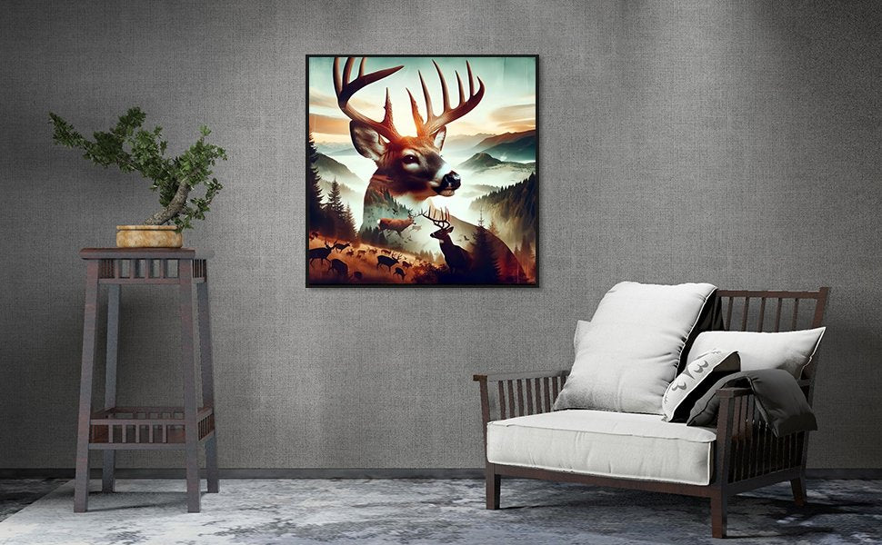 Framed 5D diamond painting of a stag's head superimposed over a forest landscape with deer silhouettes.