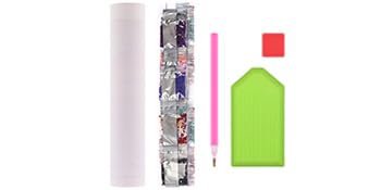 Diamond painting kit contents including a rolled canvas, small packets of diamonds, a pink applicator pen, and a green tray.