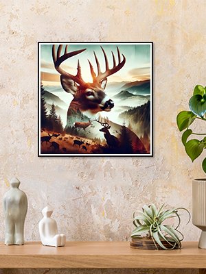 Framed 5D diamond painting kit featuring a large stag superimposed over a misty mountain landscape with a herd of deer.