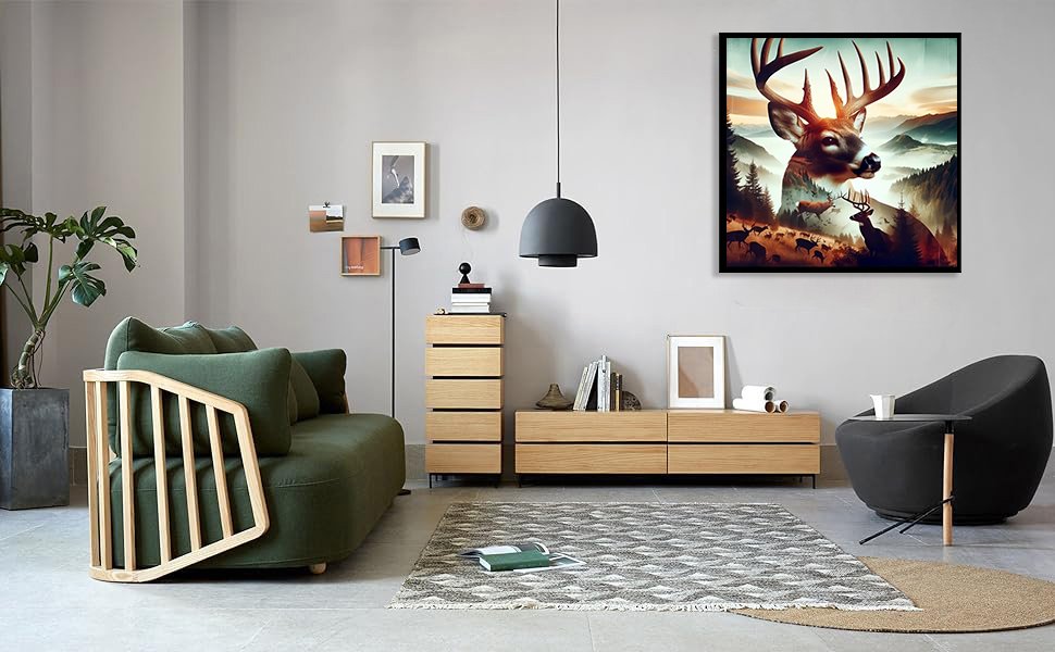 Living room scene with a framed deer diamond painting art on the wall above a media console.