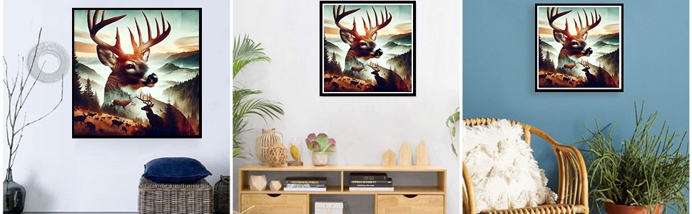Diamond painting kit featuring a majestic deer with large antlers superimposed over a misty mountain landscape with other deer.