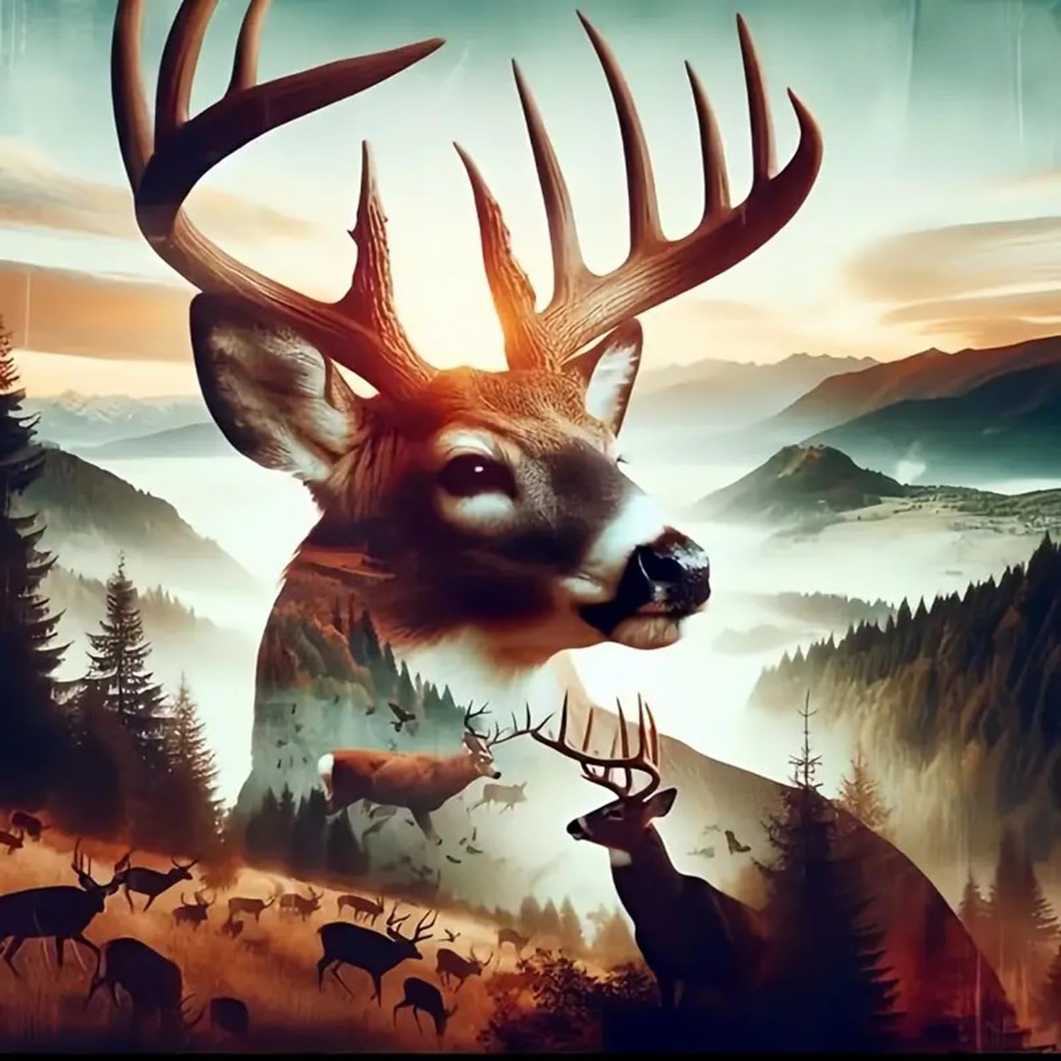 Diamond painting kit featuring a large deer head superimposed over a mountain landscape with a herd of deer in the foreground.