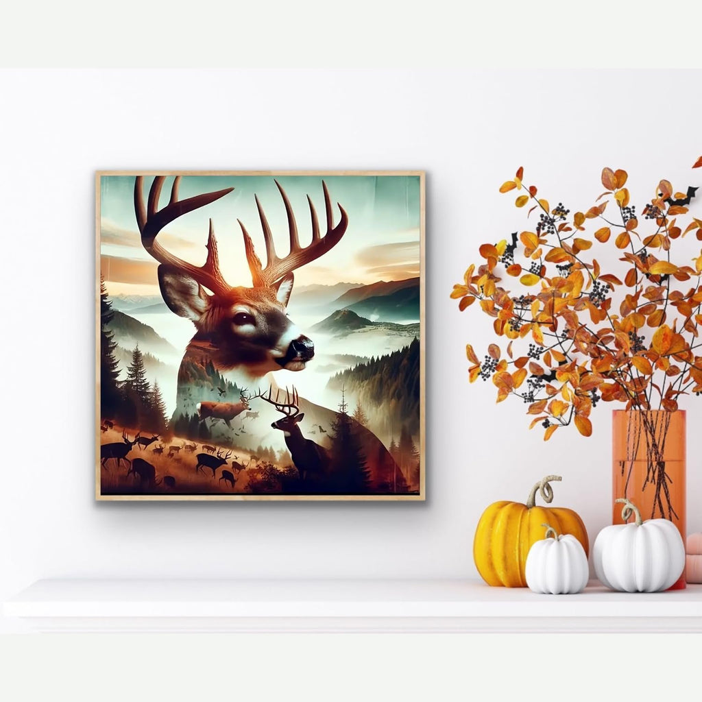 Framed 5D diamond painting kit artwork featuring a large deer head superimposed over a forest landscape with a herd of deer.