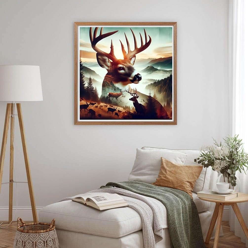 Framed 5D diamond painting kit artwork depicting a large deer head superimposed over a misty mountain landscape with a herd of deer in the foreground.