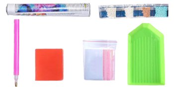Diamond painting kit accessories including a pink drill pen, orange wax, small plastic bags, a green tray, and a rolled canvas with diamond beads.