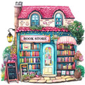 Watercolor illustration of a charming pink bookstore facade with blue doors and windows, overflowing bookshelves, and decorative lights.