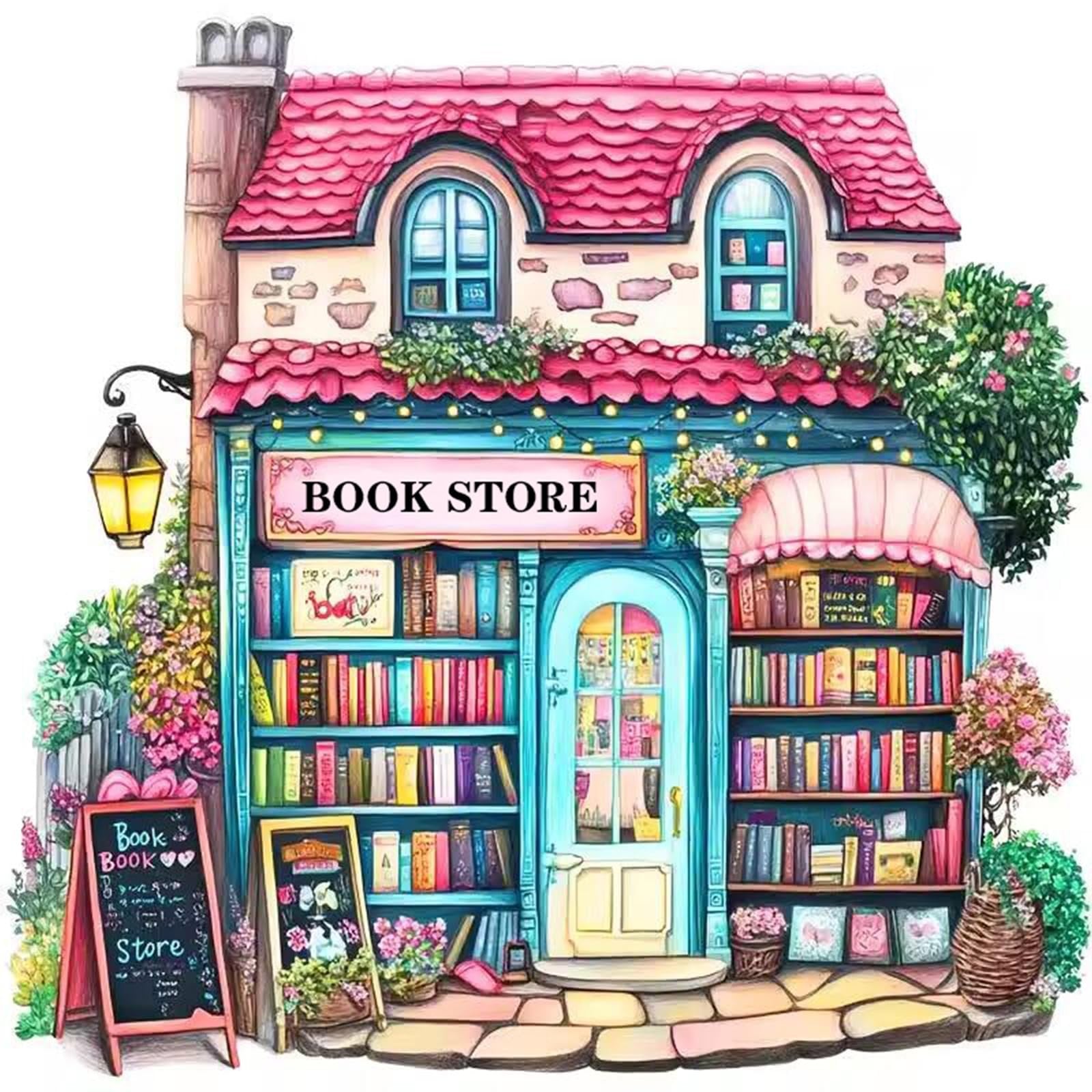 Watercolor illustration of a charming pink bookstore facade with blue doors and windows, overflowing bookshelves, and decorative lights.