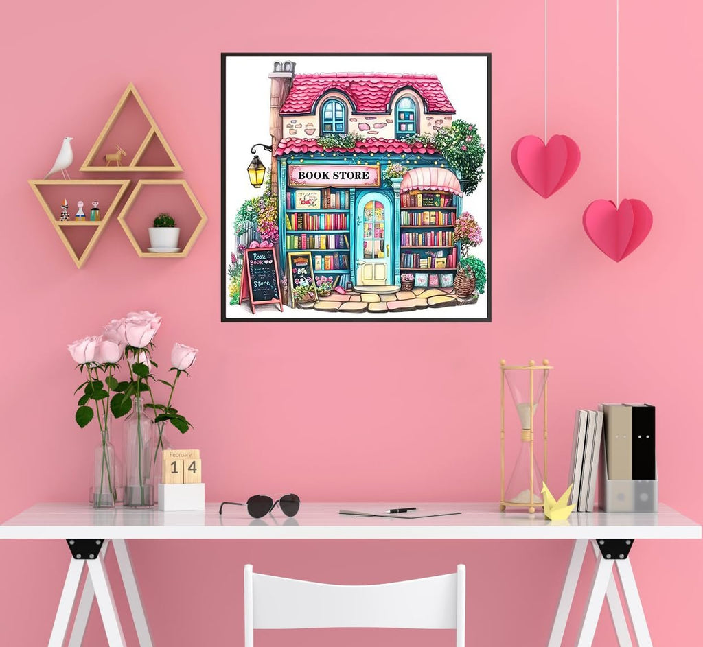 Diamond painting kit featuring a charming pink bookstore with colorful books and flowers, displayed in a room setting.