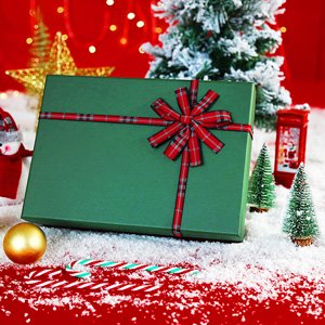 Green gift box with red plaid ribbon and bow, surrounded by artificial snow, candy canes, and Christmas decorations.