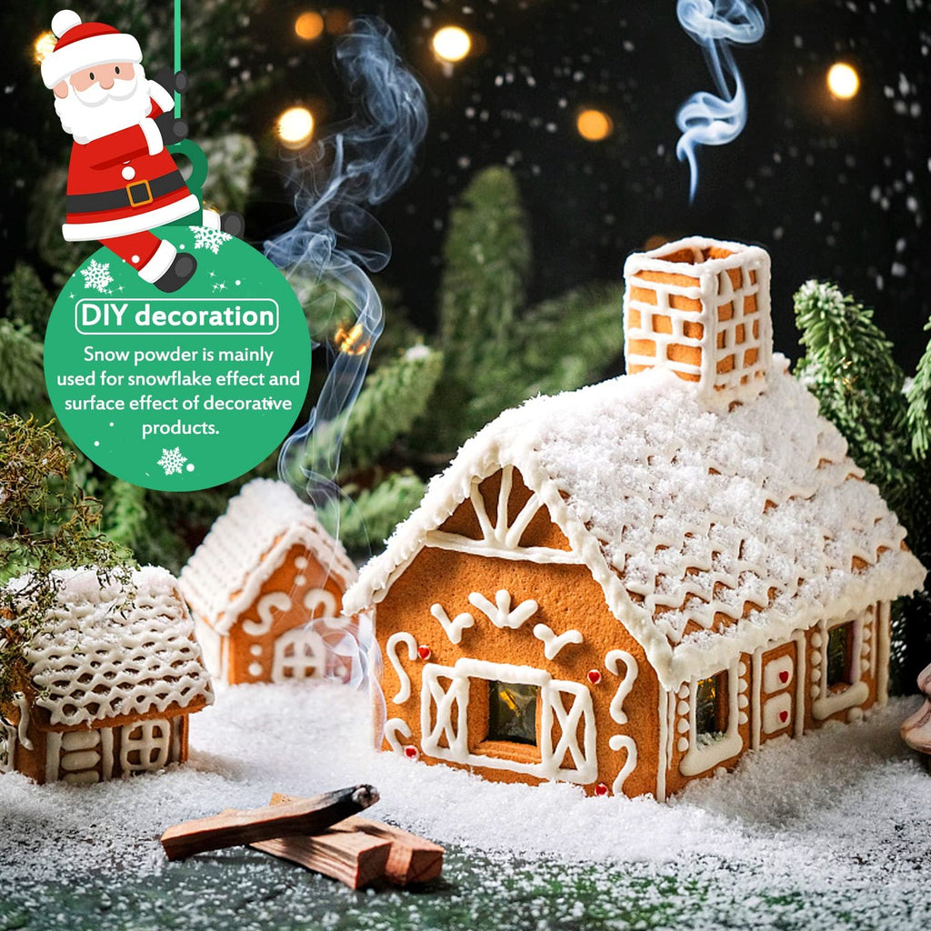 Christmas gingerbread houses covered in artificial snow with smoke rising from chimneys, and a Santa Claus graphic.