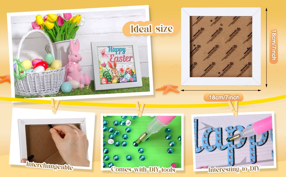 Easter diamond art kit with framed picture, basket of eggs, and DIY tools shown in collage.