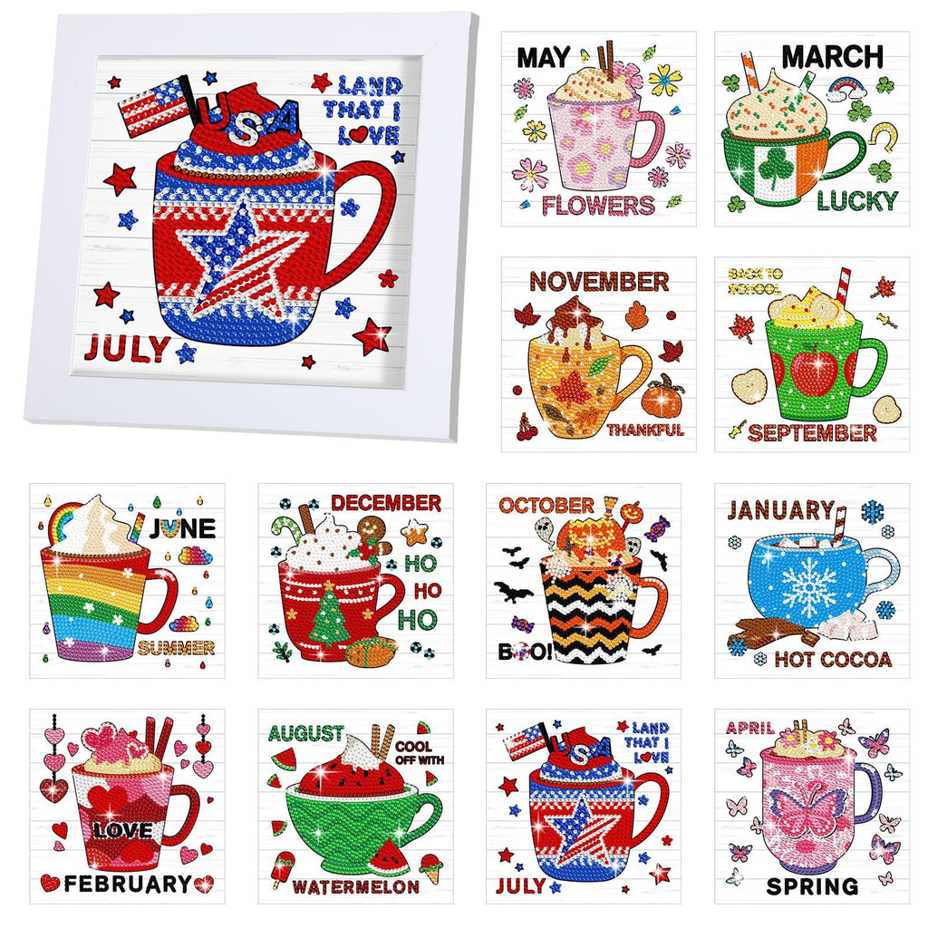 Collection of 13 framed diamond art kits, each depicting a seasonal themed mug design with month labels.
