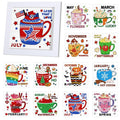 Collection of 13 framed diamond art kits, each depicting a seasonal themed mug design with month labels.
