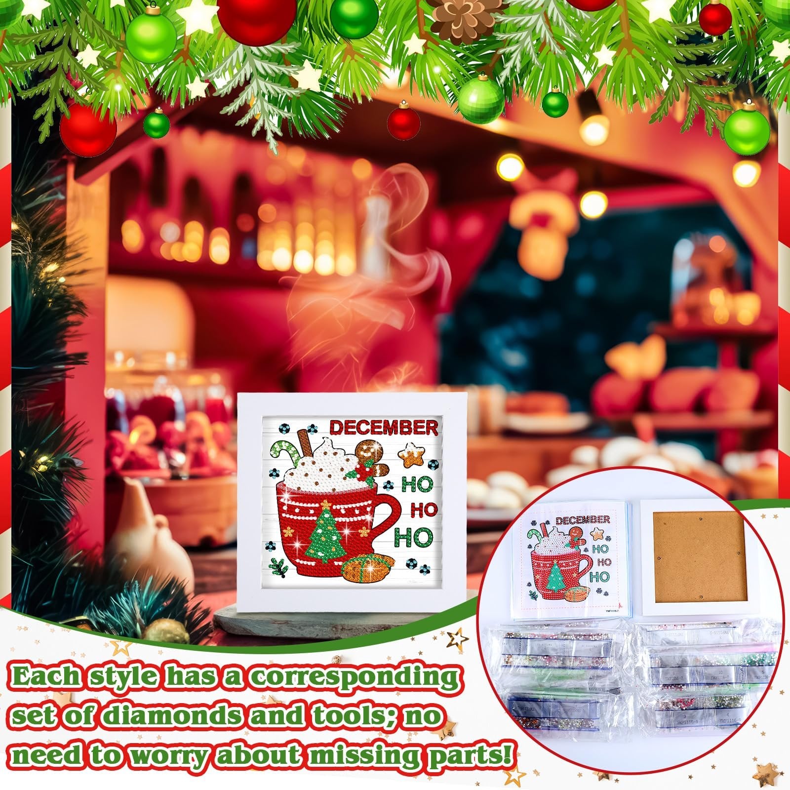 Diamond art kit featuring a framed December-themed hot cocoa design with gingerbread man and Christmas tree, surrounded by festive decorations and showing diamond bead packets.