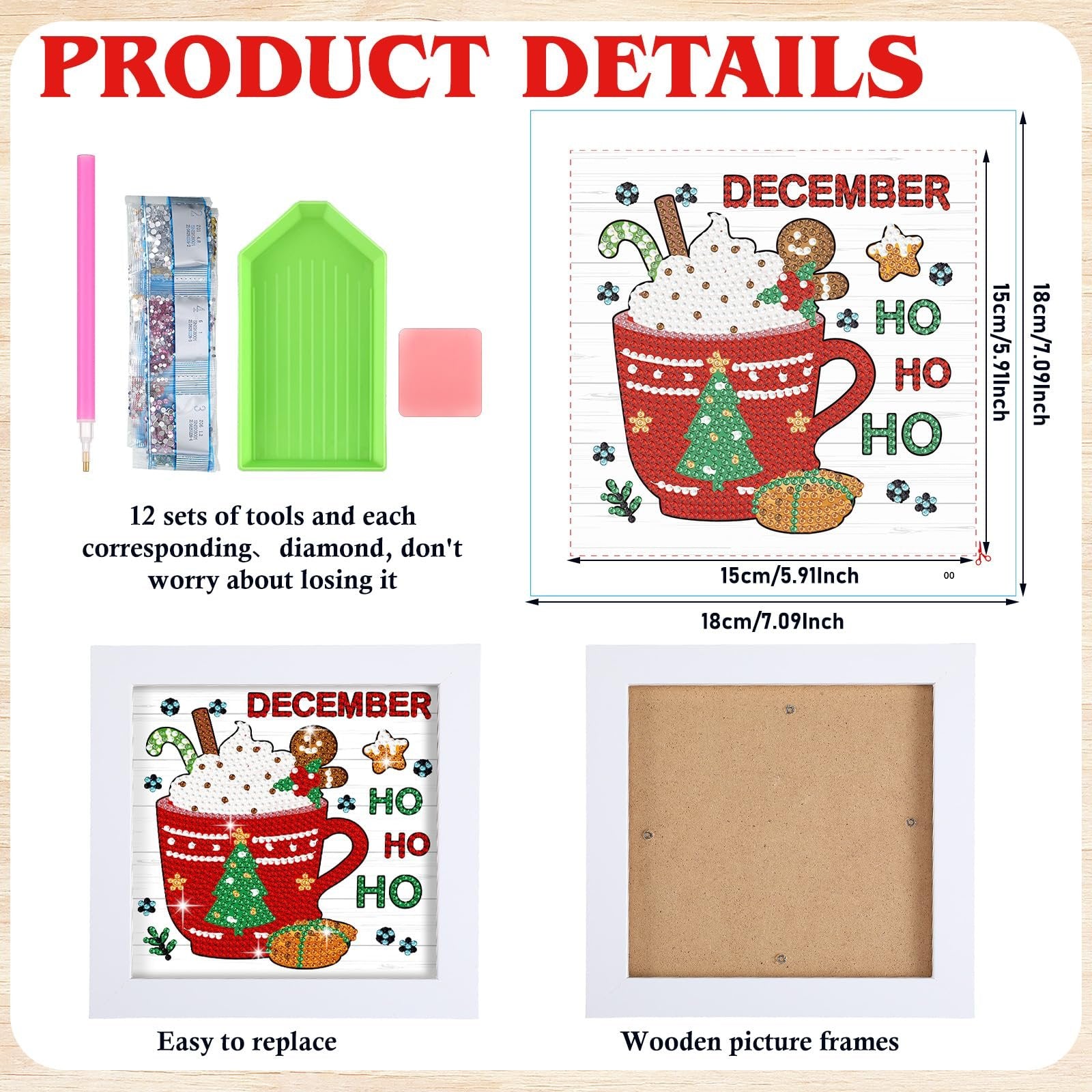 Diamond art kit contents including tools, gems, and a framed December-themed design of a hot chocolate mug with a gingerbread man.