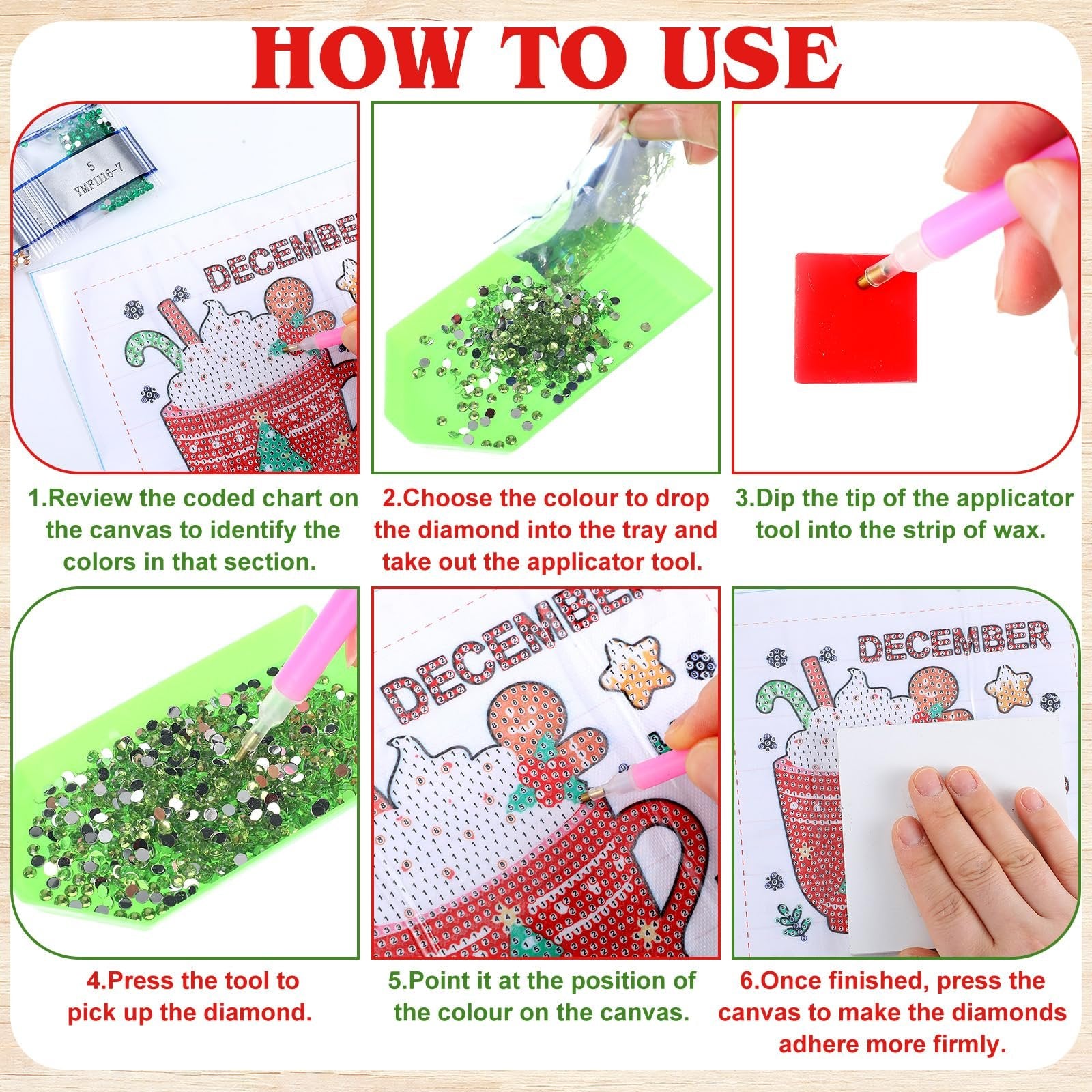 Collage showing six steps for using diamond art kits, with text instructions and close-ups of materials and techniques.