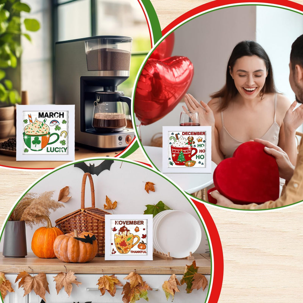 Collage of diamond art kits for coffee cups themed for March, December, and November, displayed in lifestyle settings.