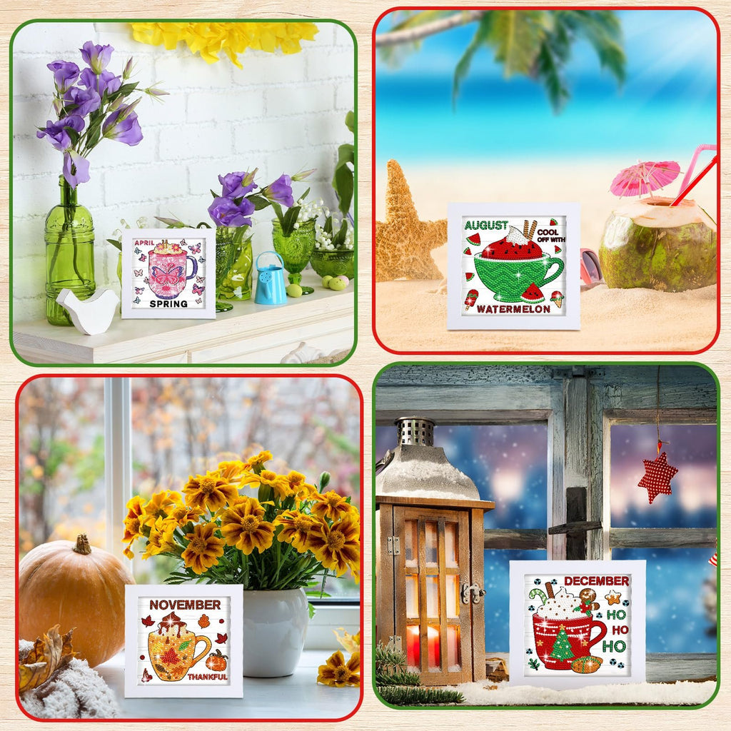 Four seasonal diamond art kits displayed in themed settings: Spring, Summer, Autumn, and Winter.