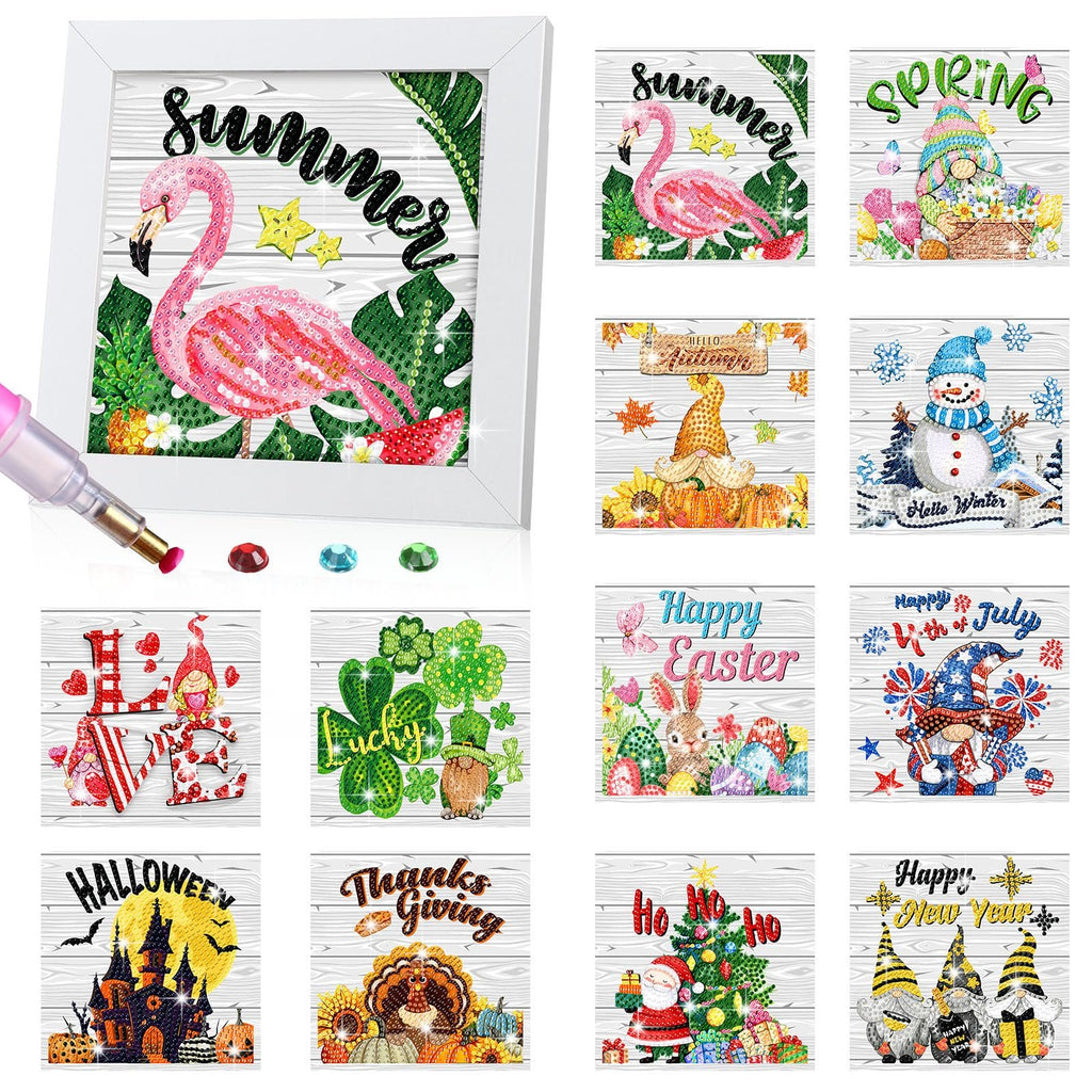 Collage of 13 framed diamond art kits with seasonal and holiday themes, including a flamingo, gnome, snowman, and Santa.