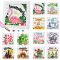 Collage of 13 framed diamond art kits with seasonal and holiday themes, including a flamingo, gnome, snowman, and Santa.