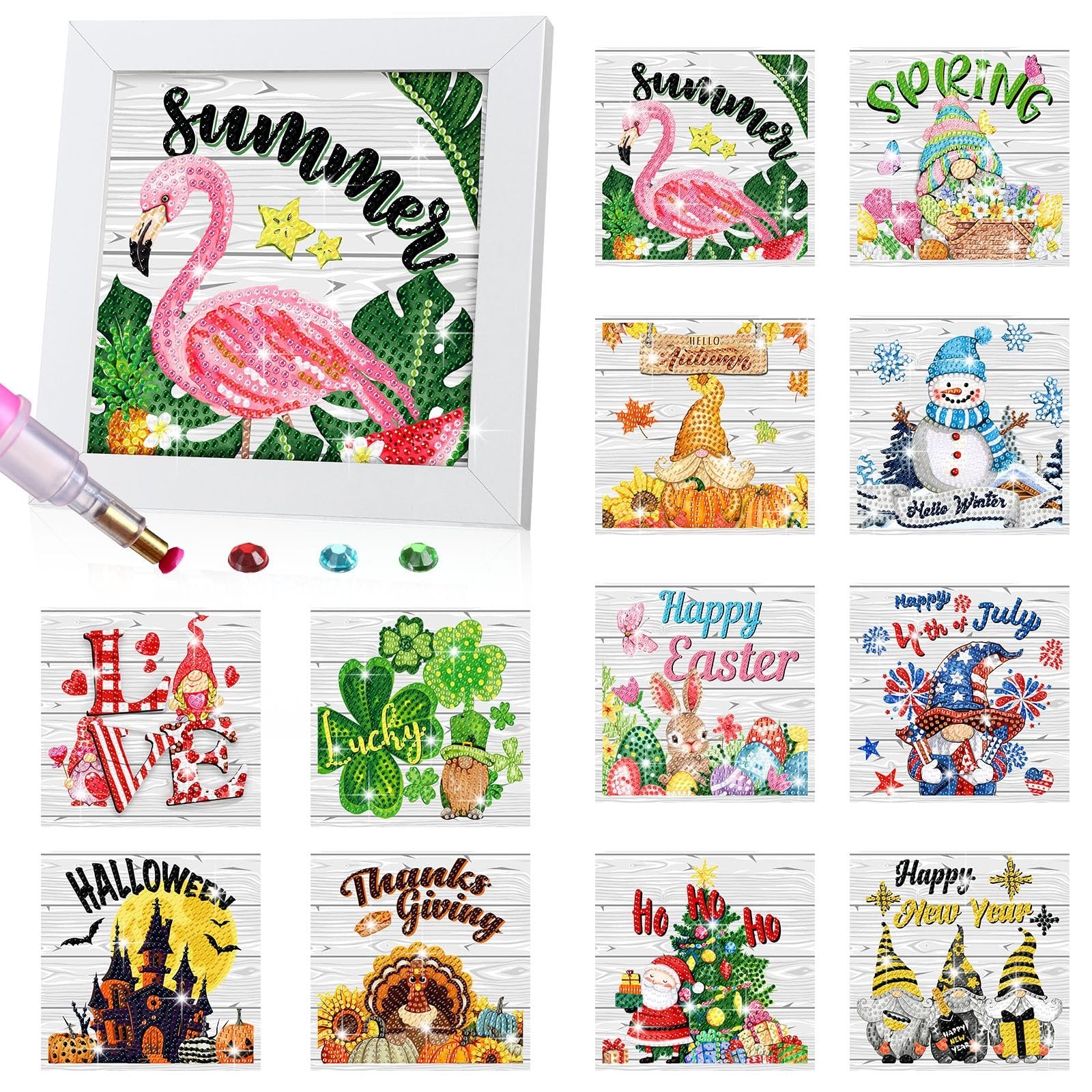 Collage of 13 framed diamond art kits with seasonal and holiday themes, including a flamingo, gnome, snowman, and Santa.