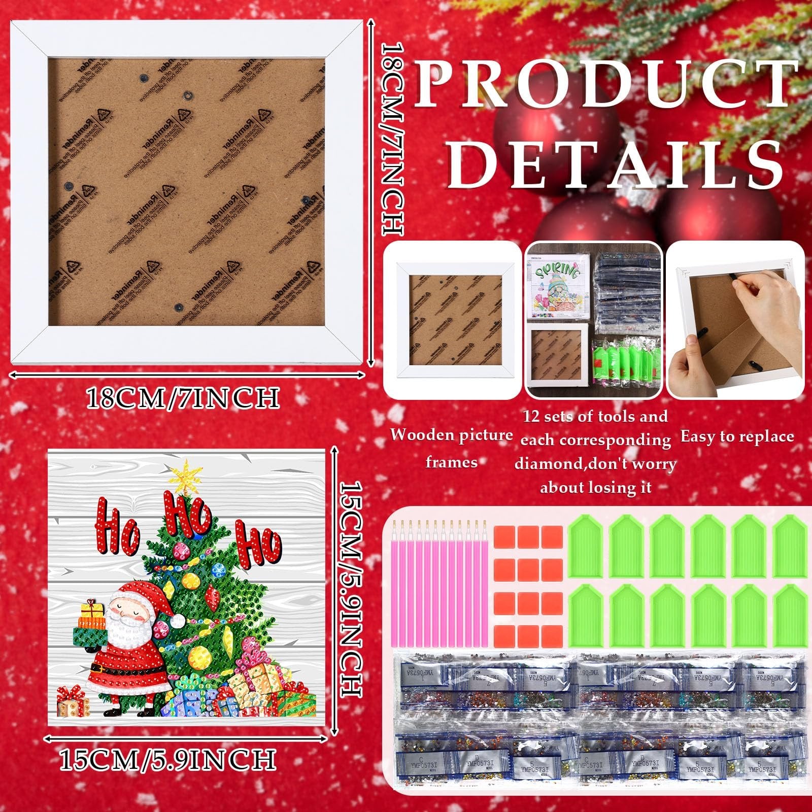 Diamond art kit with Santa and Christmas tree design, including frame, tools, and diamond beads.