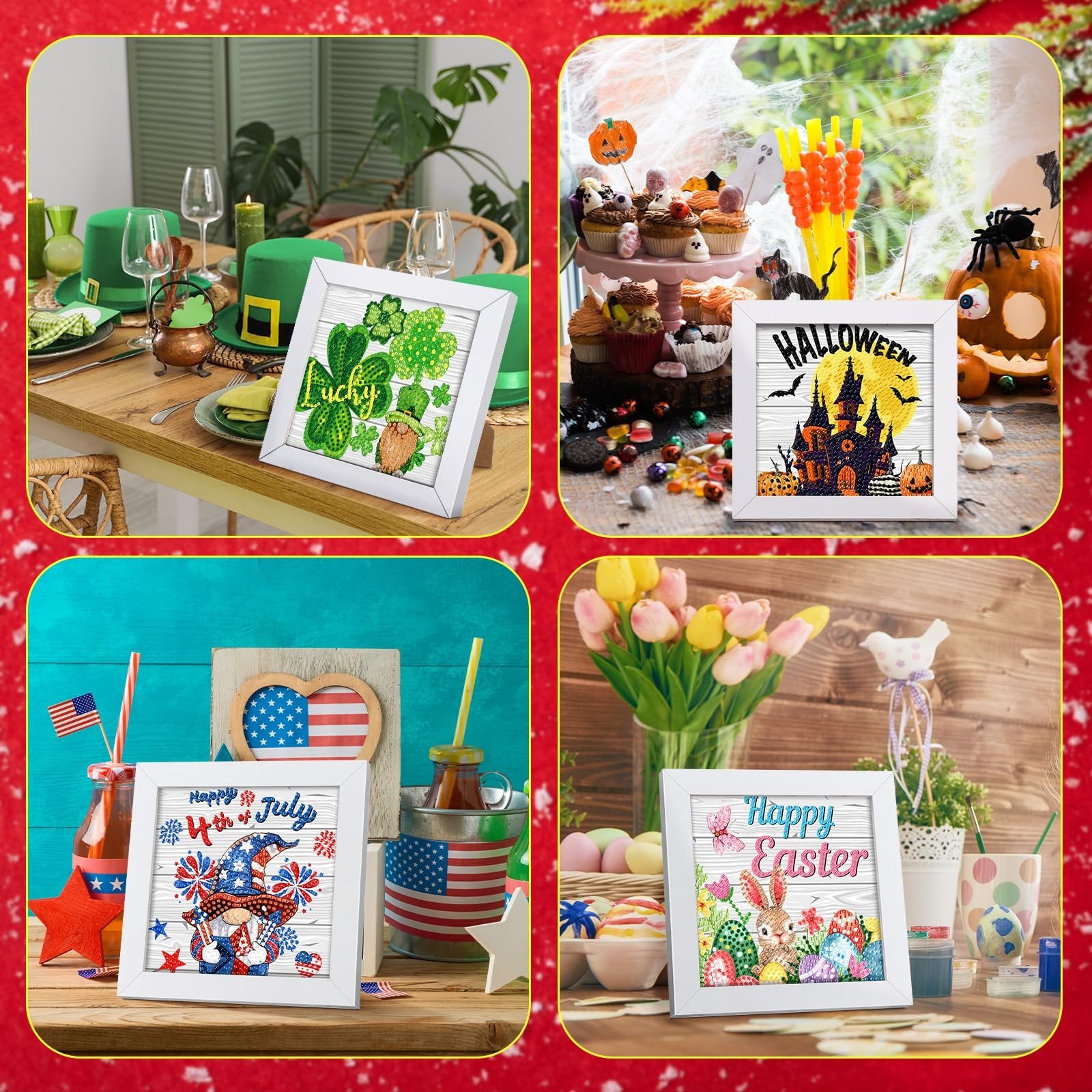 Collage of four framed diamond art kits for St. Patrick's Day, Halloween, 4th of July, and Easter, displayed in themed settings.