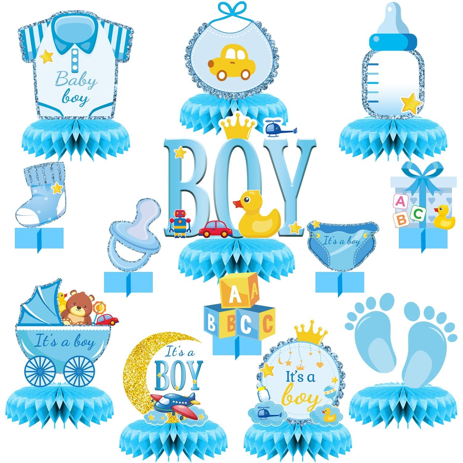 Blue honeycomb centerpieces with baby boy shower decorations including a onesie, sock, stroller, and bottle.