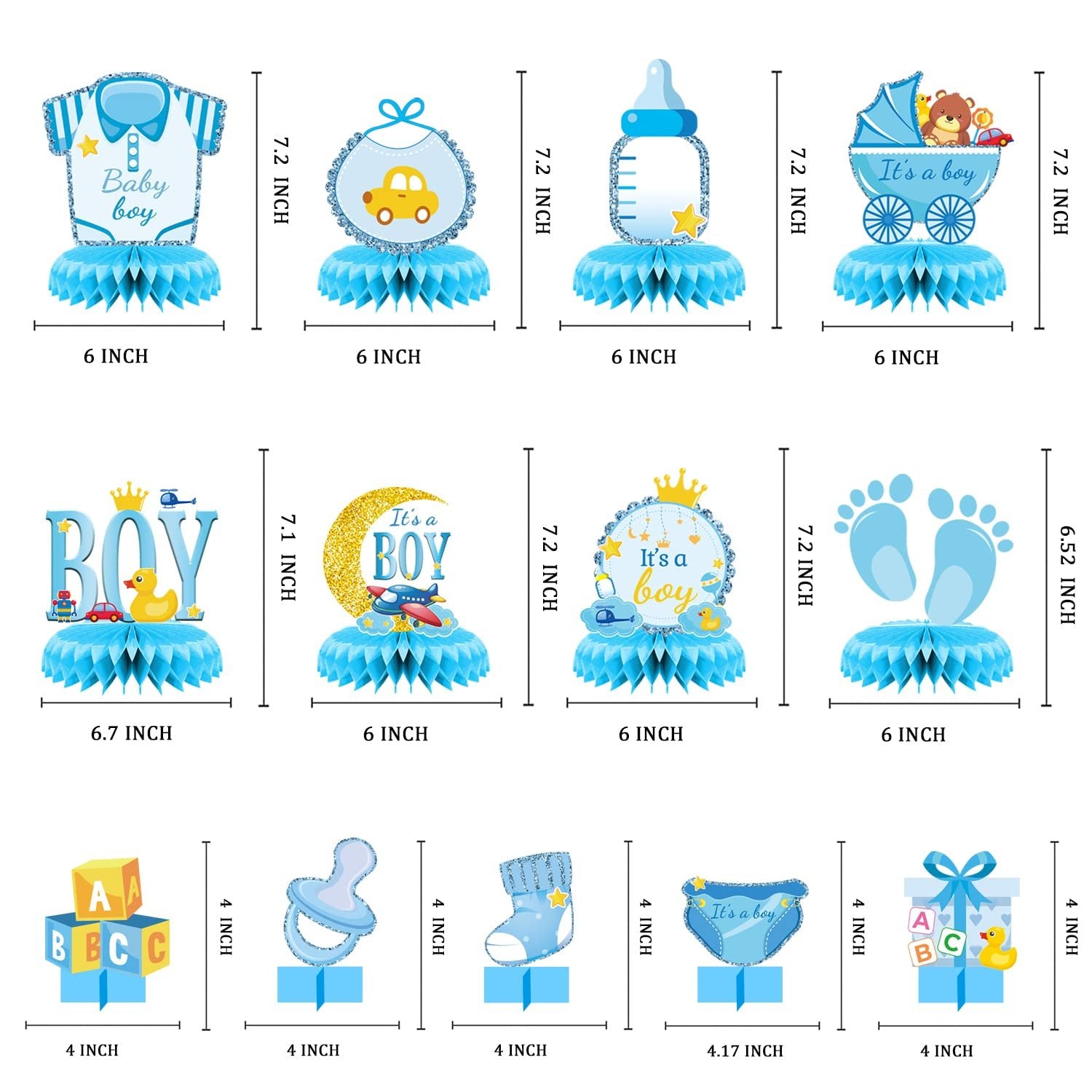 Collection of 13 blue and yellow baby shower honeycomb centerpiece decorations for party tables, showing various designs like baby bottles, strollers, and clothing.