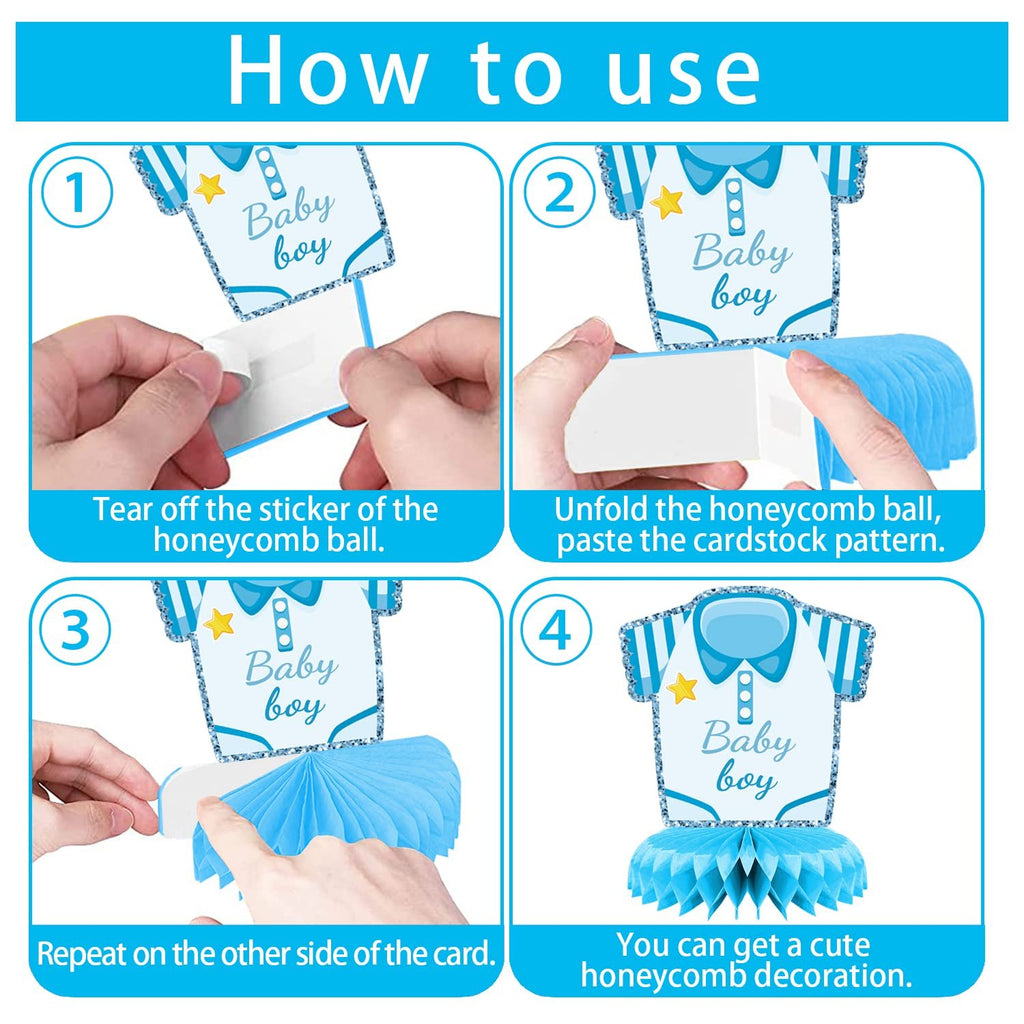 Instructions for assembling a baby boy honeycomb centerpiece, showing four steps.