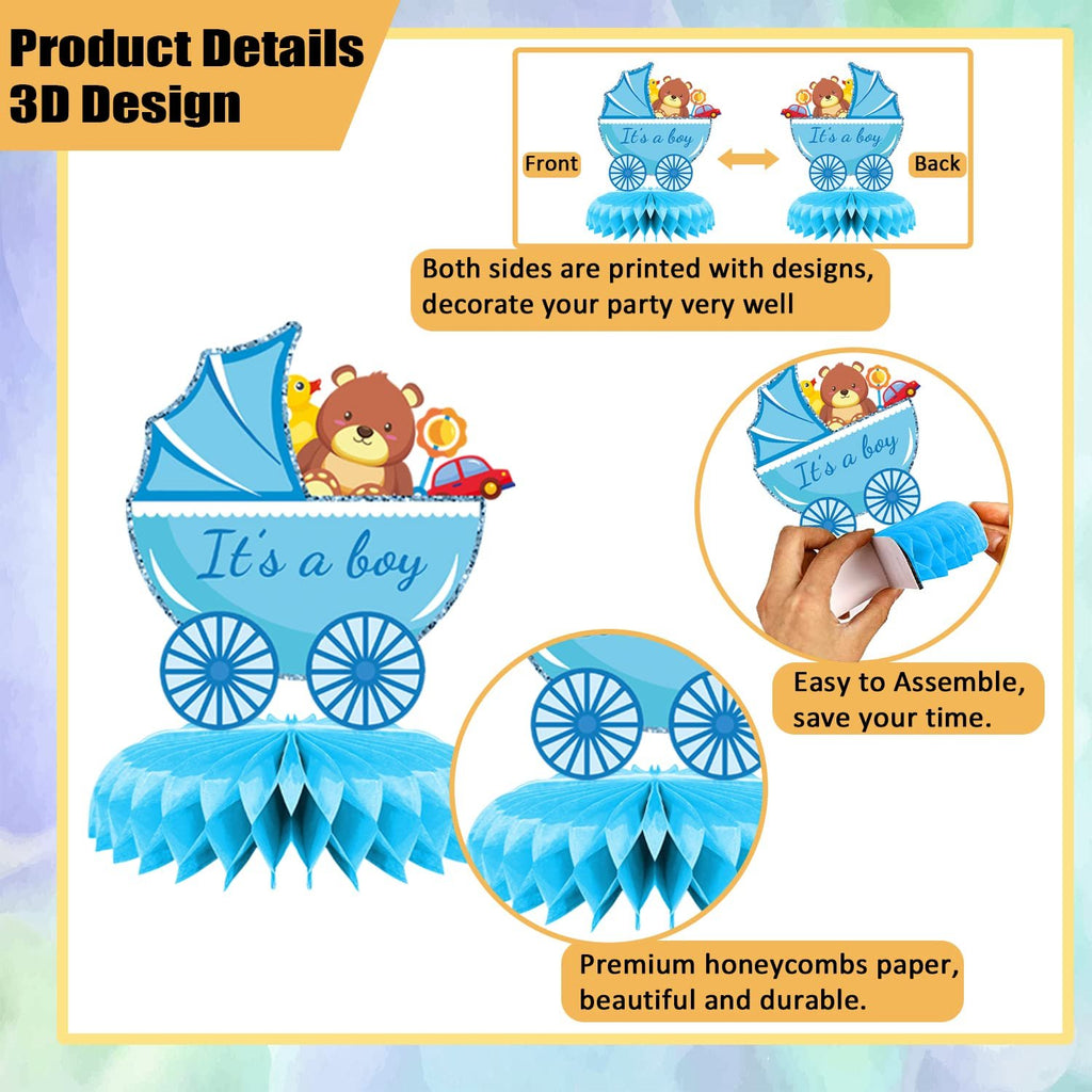 Blue baby carriage honeycomb centerpiece with teddy bear and duckling, showing front and back designs.