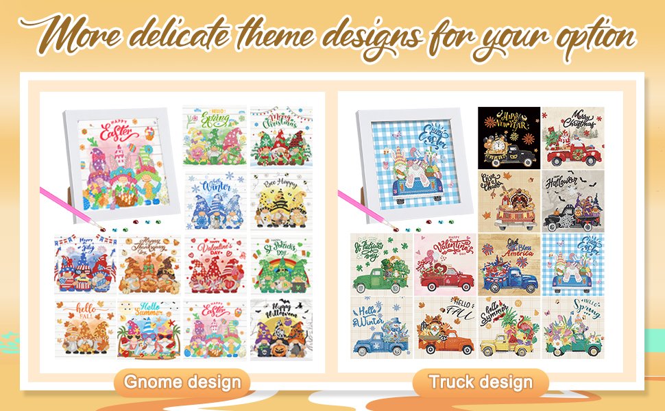 Collage of diamond art kits featuring holiday and seasonal gnome and truck designs.