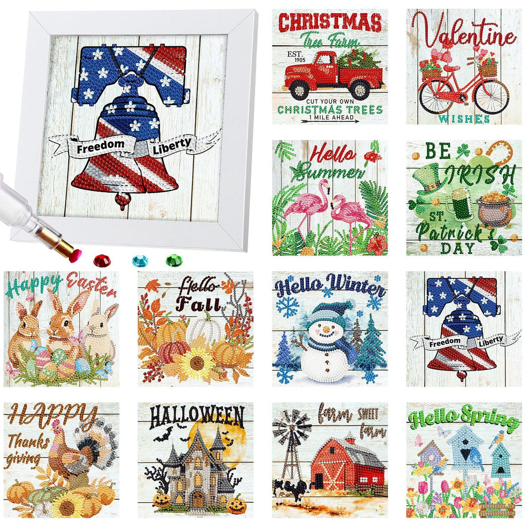 Collage of 12 seasonal diamond art paintings, including holidays and themes like Christmas, Valentine's Day, Easter, Fall, Halloween, and Spring.